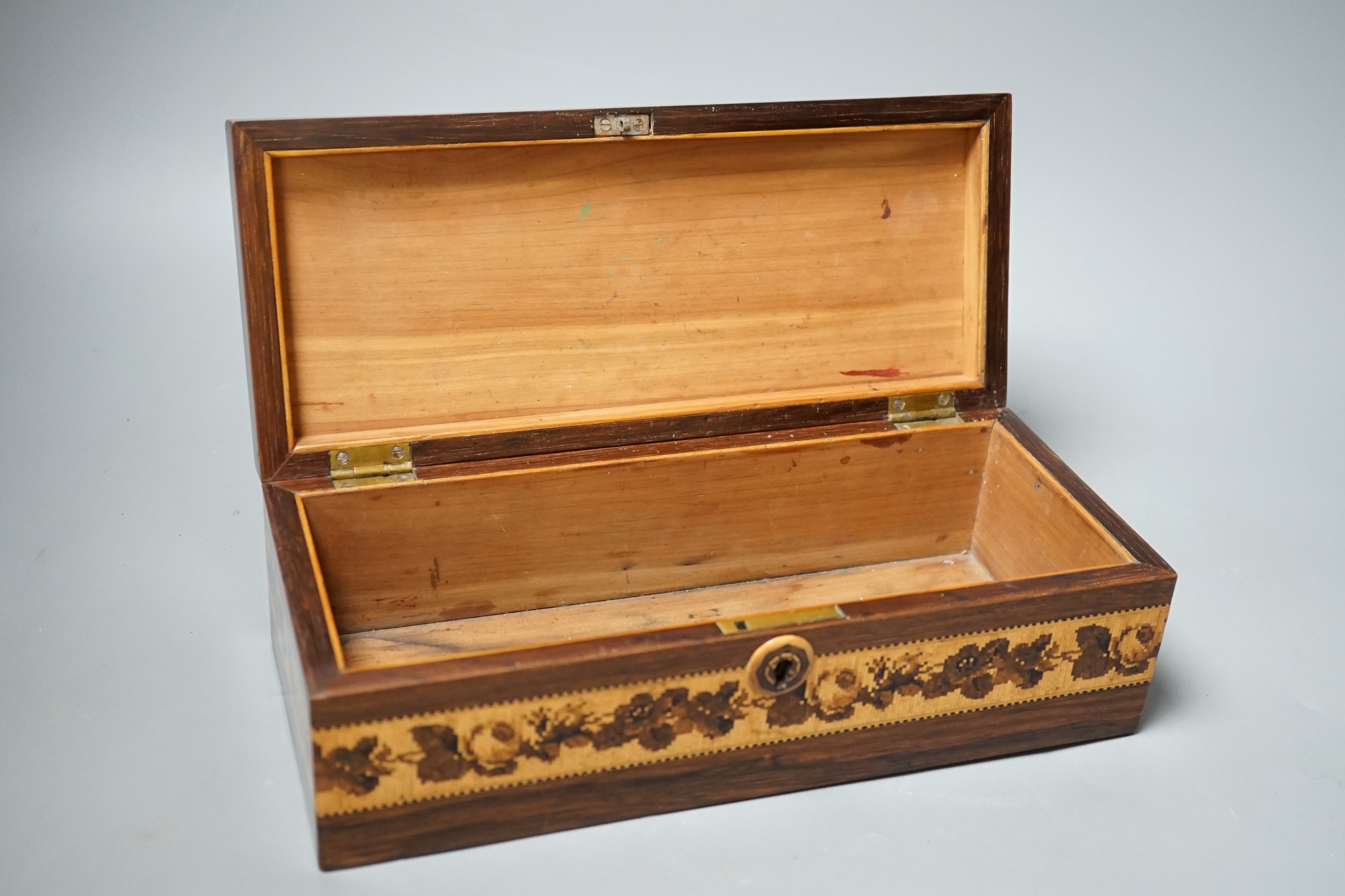 A Tunbridge ware rosewood mosaic glove box, with stickware escutcheon 26.5cm wide